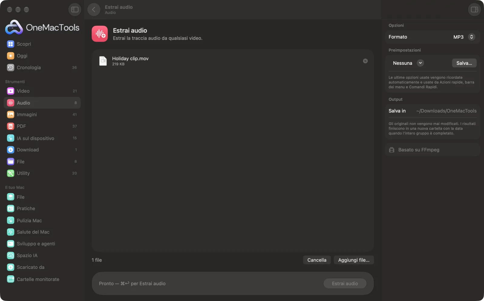 Estrai audio in OneMacTools su un Mac, con file di esempio e le sue opzioni