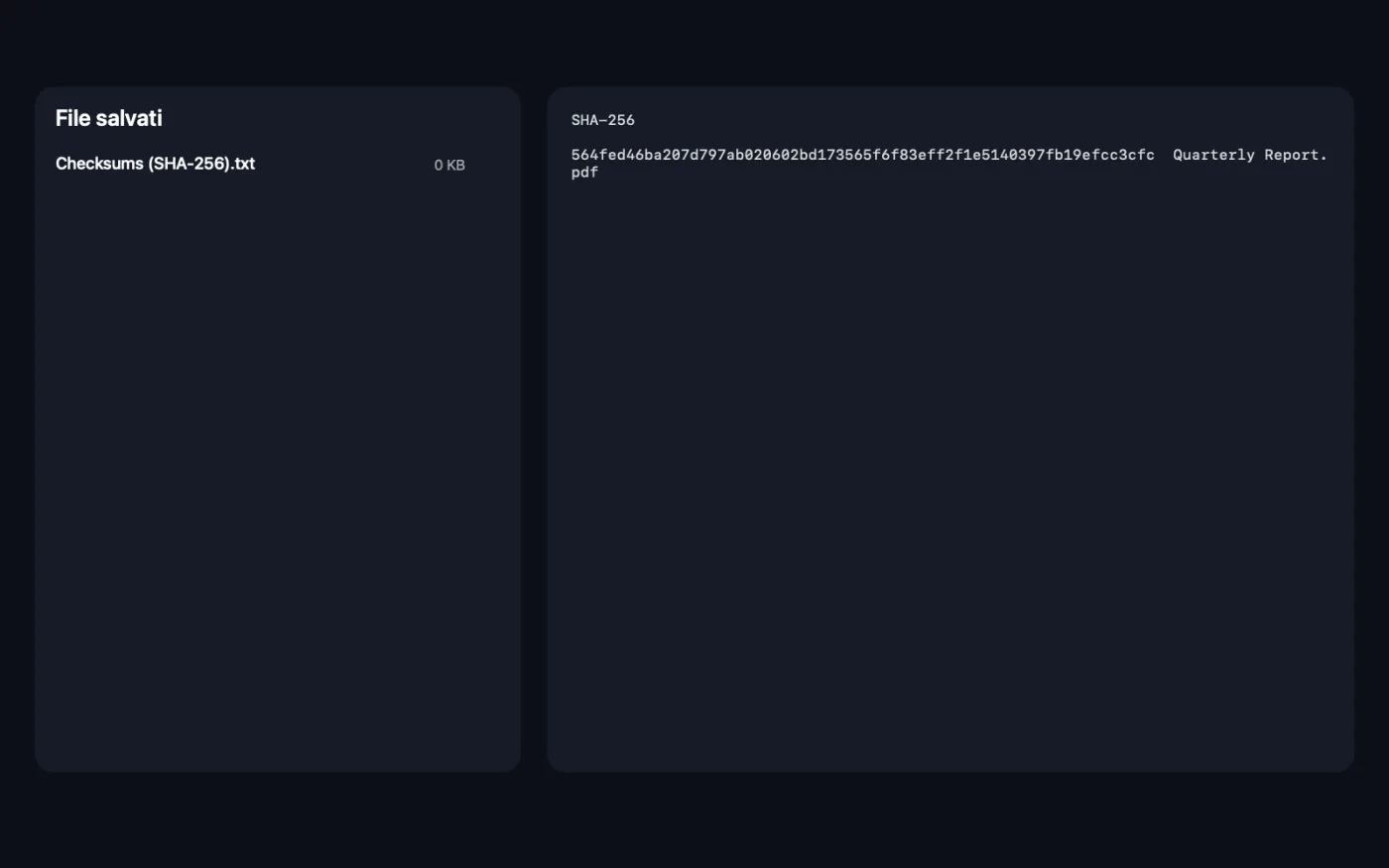 Il risultato di Checksum file sui file di esempio