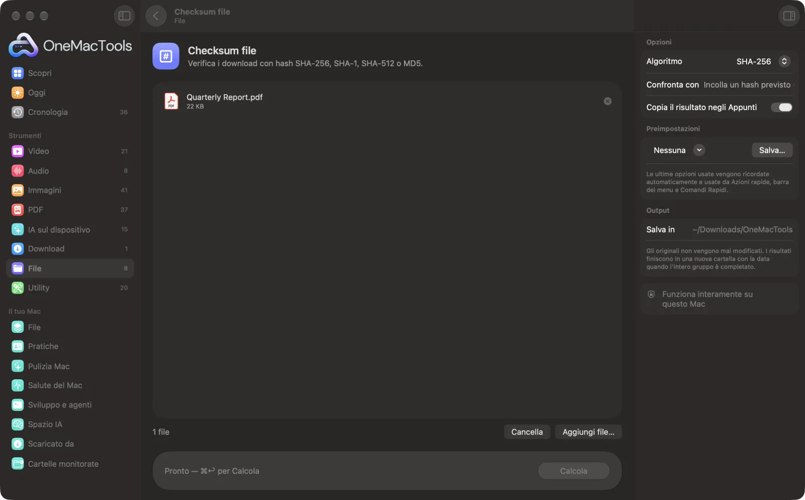 Checksum file in OneMacTools su un Mac, con file di esempio e le sue opzioni