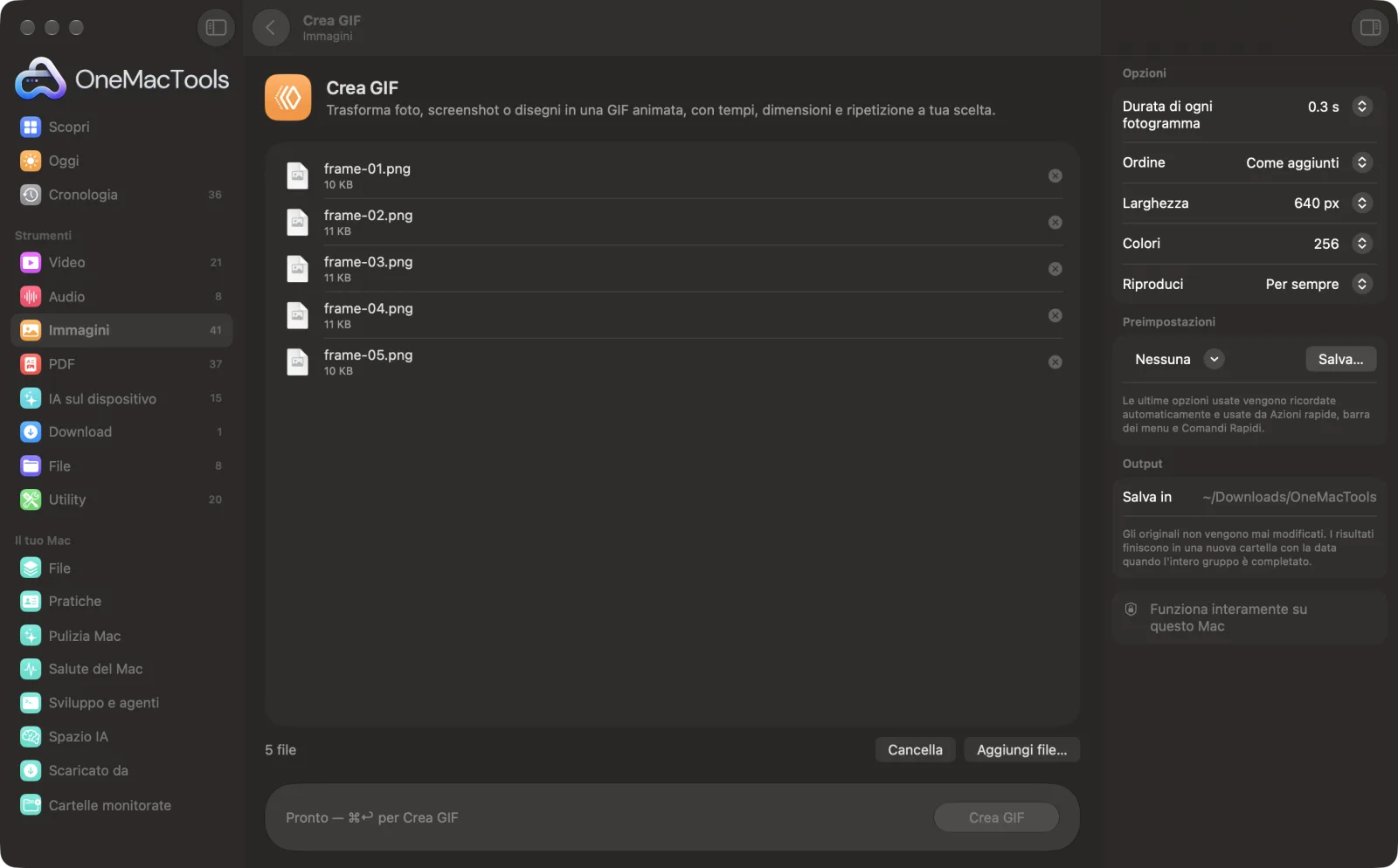 Crea GIF in OneMacTools su un Mac, con file di esempio e le sue opzioni