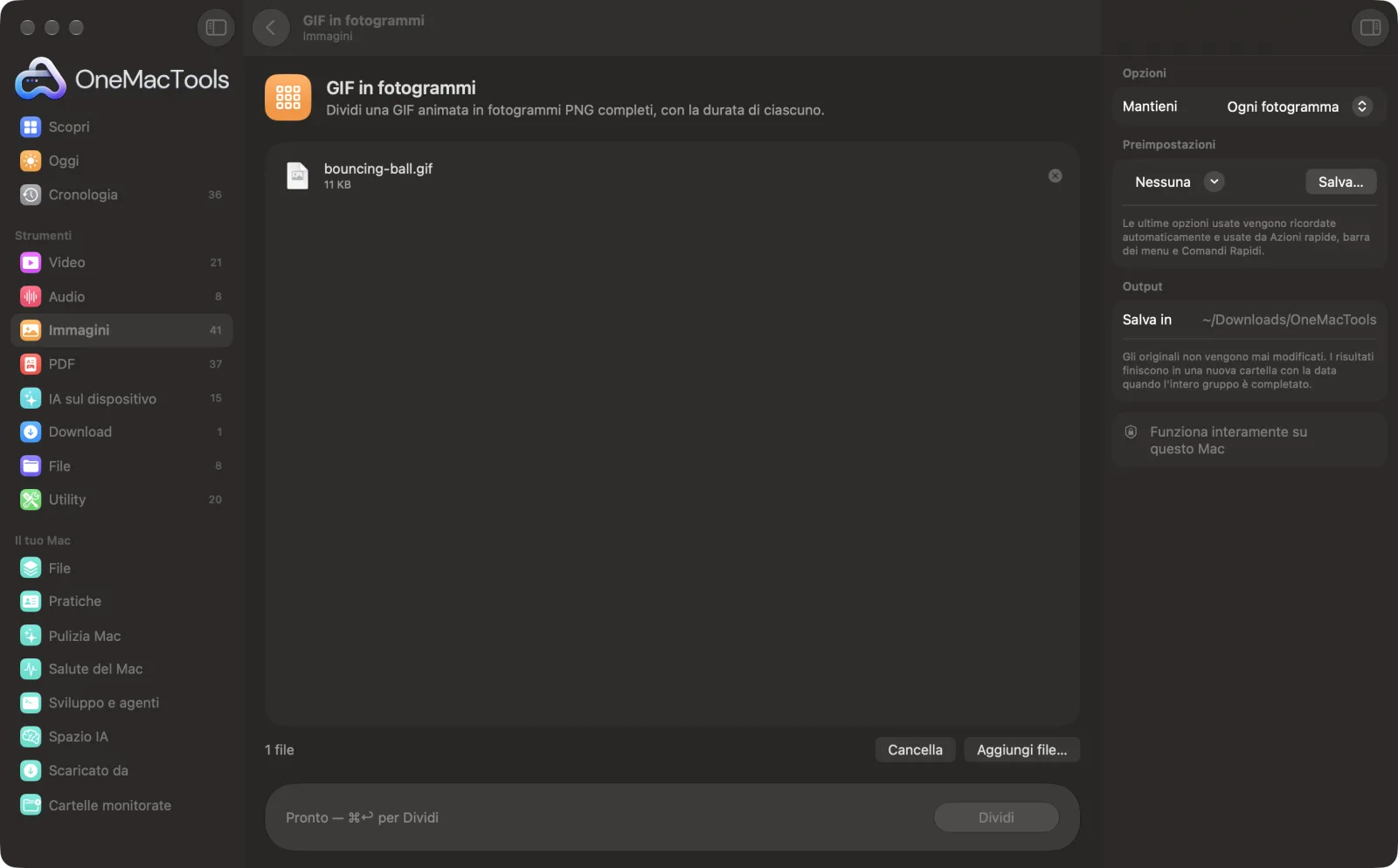 GIF in fotogrammi in OneMacTools su un Mac, con file di esempio e le sue opzioni