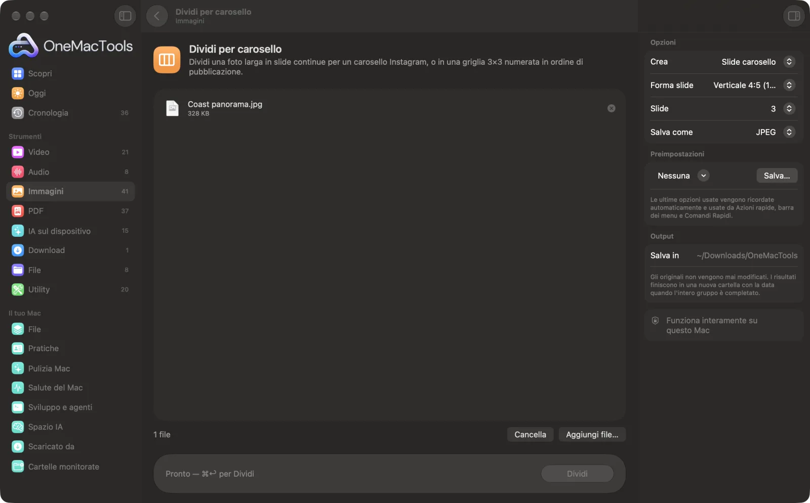 Dividi per carosello in OneMacTools su un Mac, con file di esempio e le sue opzioni