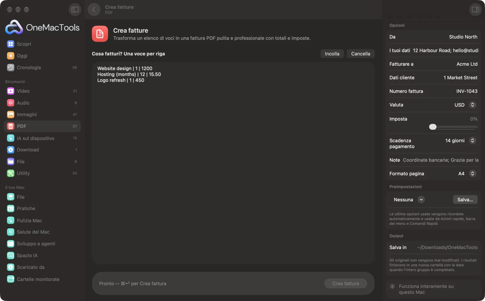 Crea fatture in OneMacTools con file di esempio caricati e il pannello delle opzioni aperto