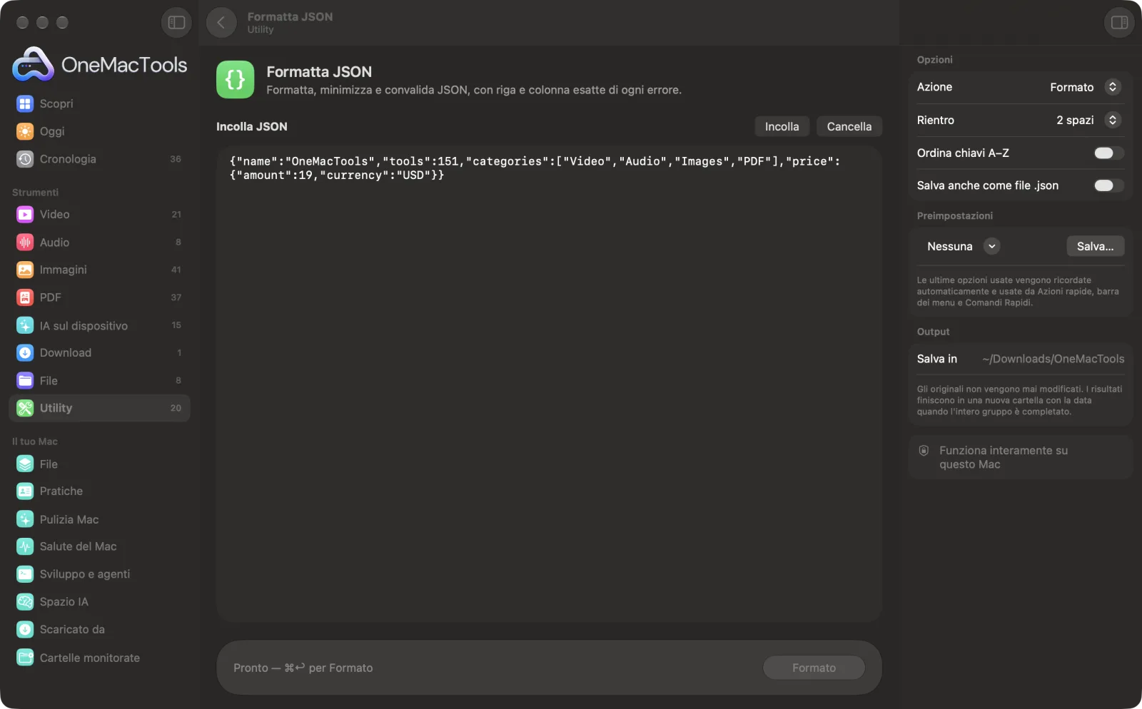 Formatta JSON in OneMacTools con file di esempio caricati e il pannello delle opzioni aperto