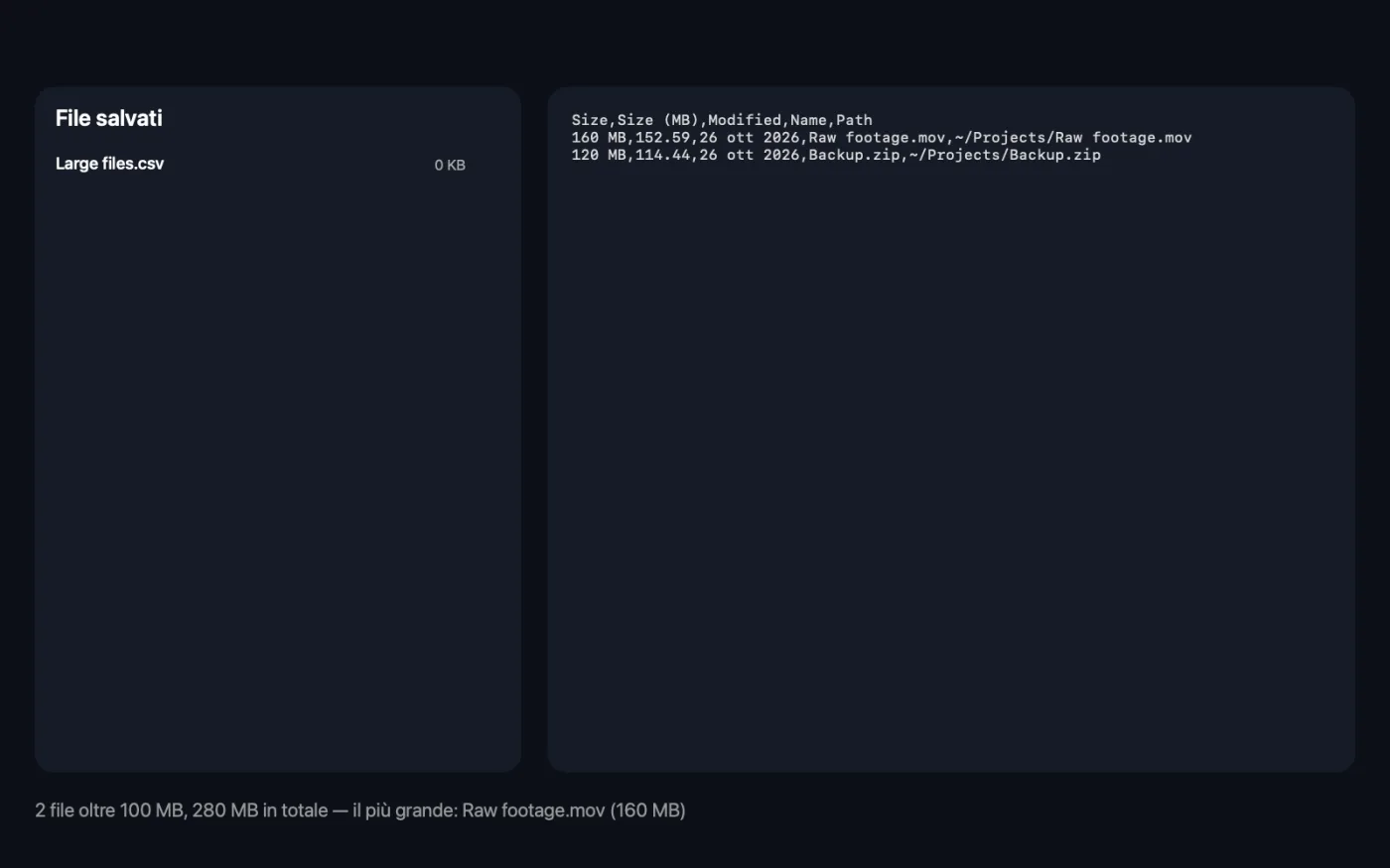 Il risultato di Trova file grandi sui file di esempio