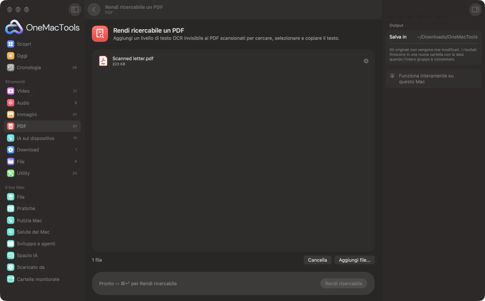 Rendi ricercabile un PDF in OneMacTools su un Mac, con file di esempio e le sue opzioni