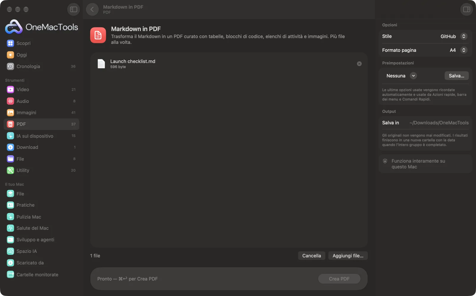 Markdown in PDF in OneMacTools su un Mac, con file di esempio e le sue opzioni