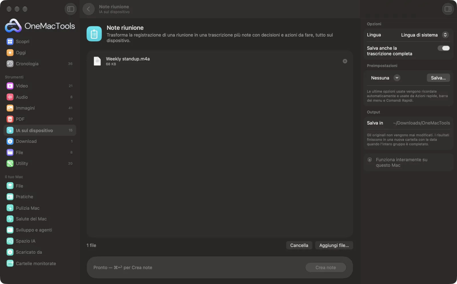 Note riunione in OneMacTools con file di esempio caricati e il pannello delle opzioni aperto