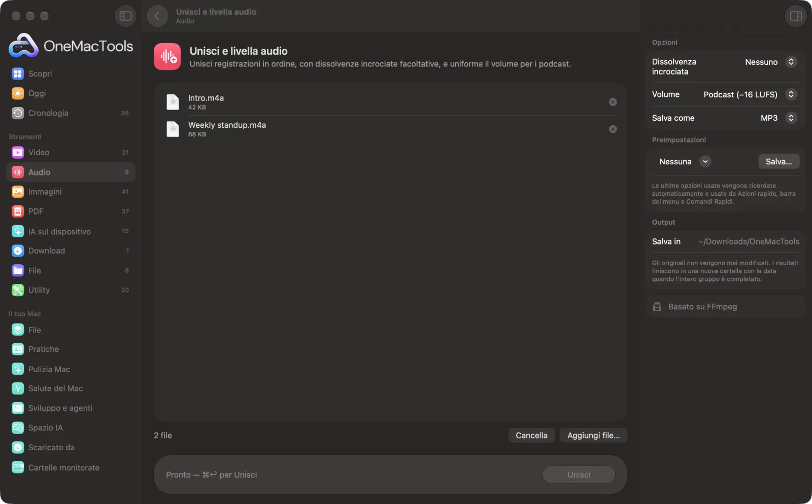 Unisci e livella audio in OneMacTools su un Mac, con file di esempio e le sue opzioni