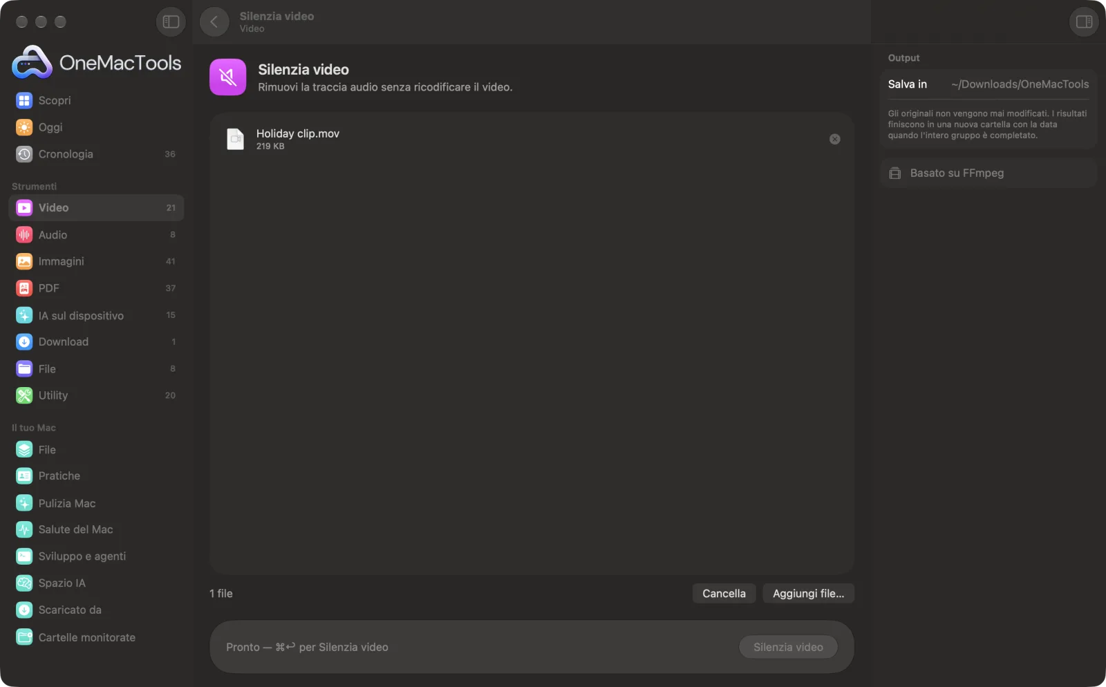 Silenzia video in OneMacTools su un Mac, con file di esempio e le sue opzioni