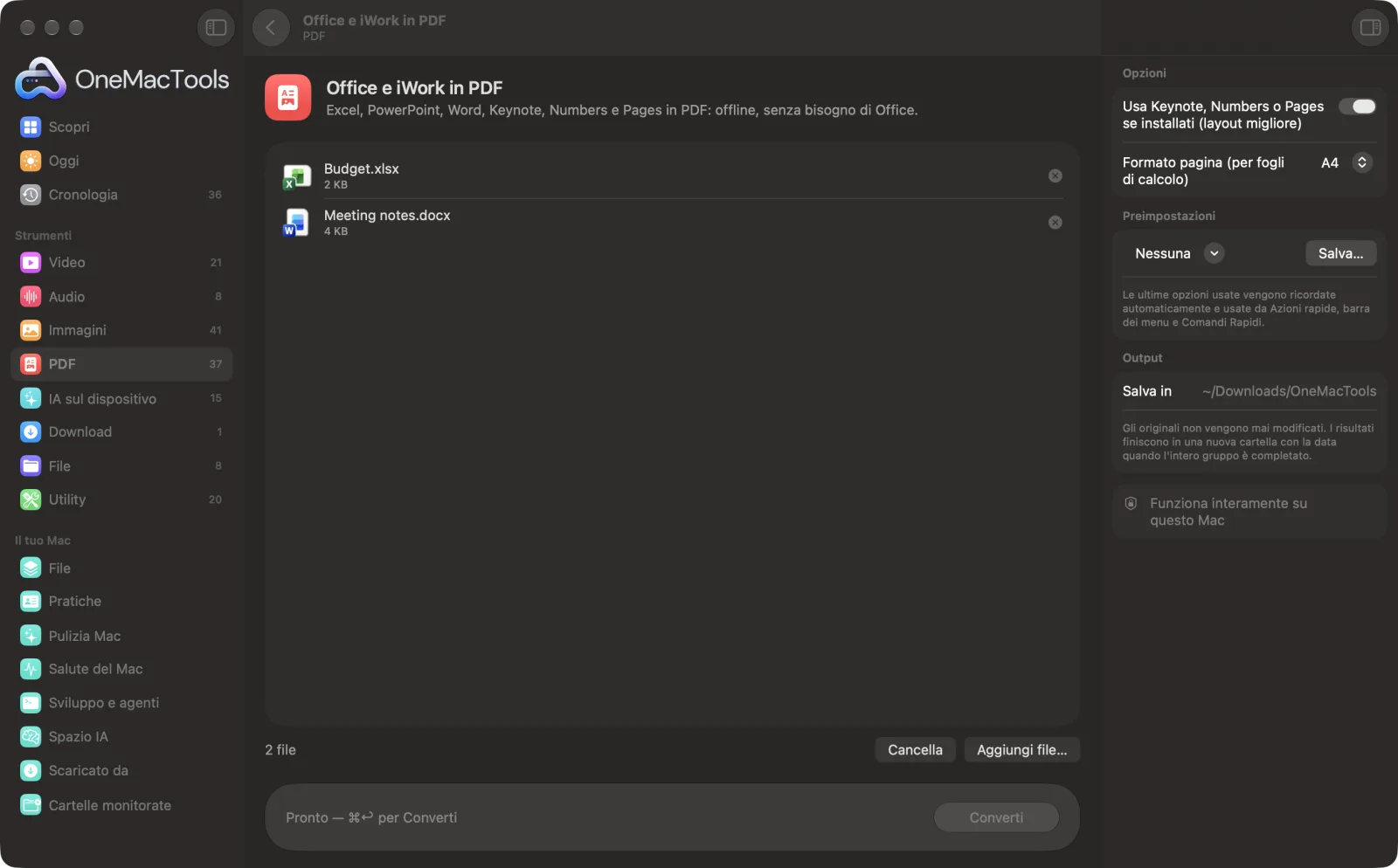 Office e iWork in PDF in OneMacTools su un Mac, con file di esempio e le sue opzioni