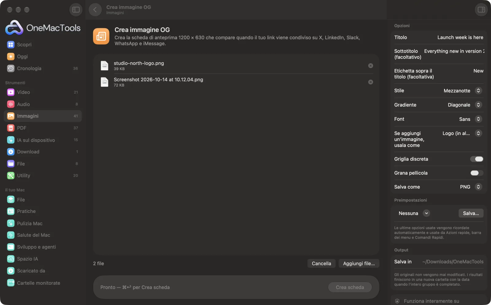 Crea immagine OG in OneMacTools su un Mac, con file di esempio e le sue opzioni