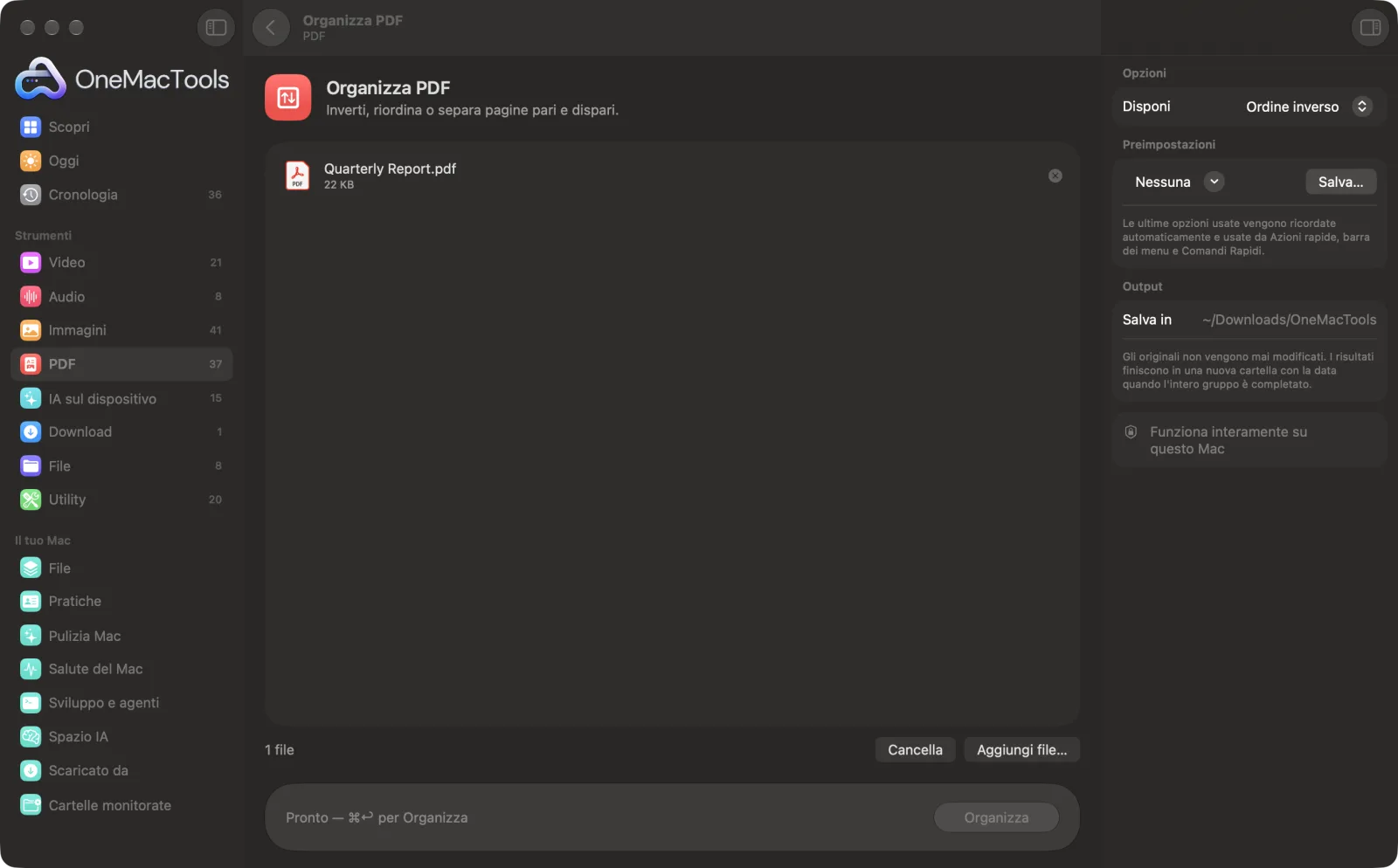 Organizza PDF in OneMacTools su un Mac, con file di esempio e le sue opzioni