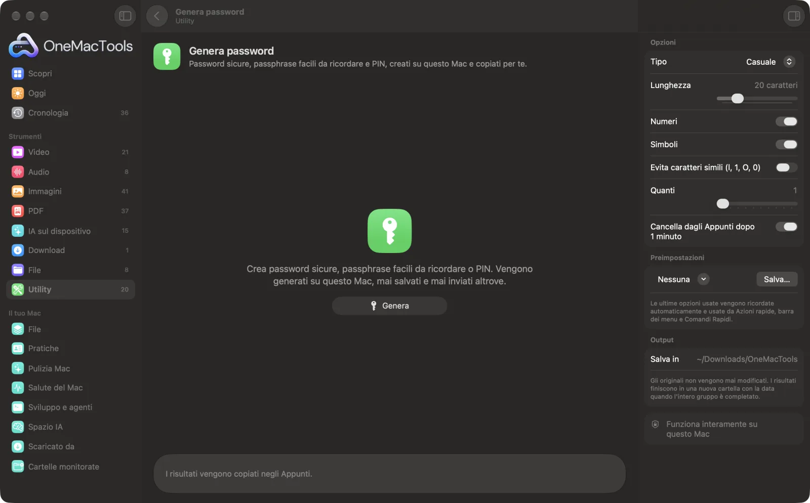 Genera password in OneMacTools su un Mac, con file di esempio e le sue opzioni