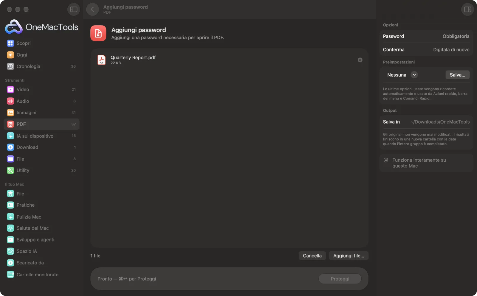 Aggiungi password in OneMacTools su un Mac, con file di esempio e le sue opzioni