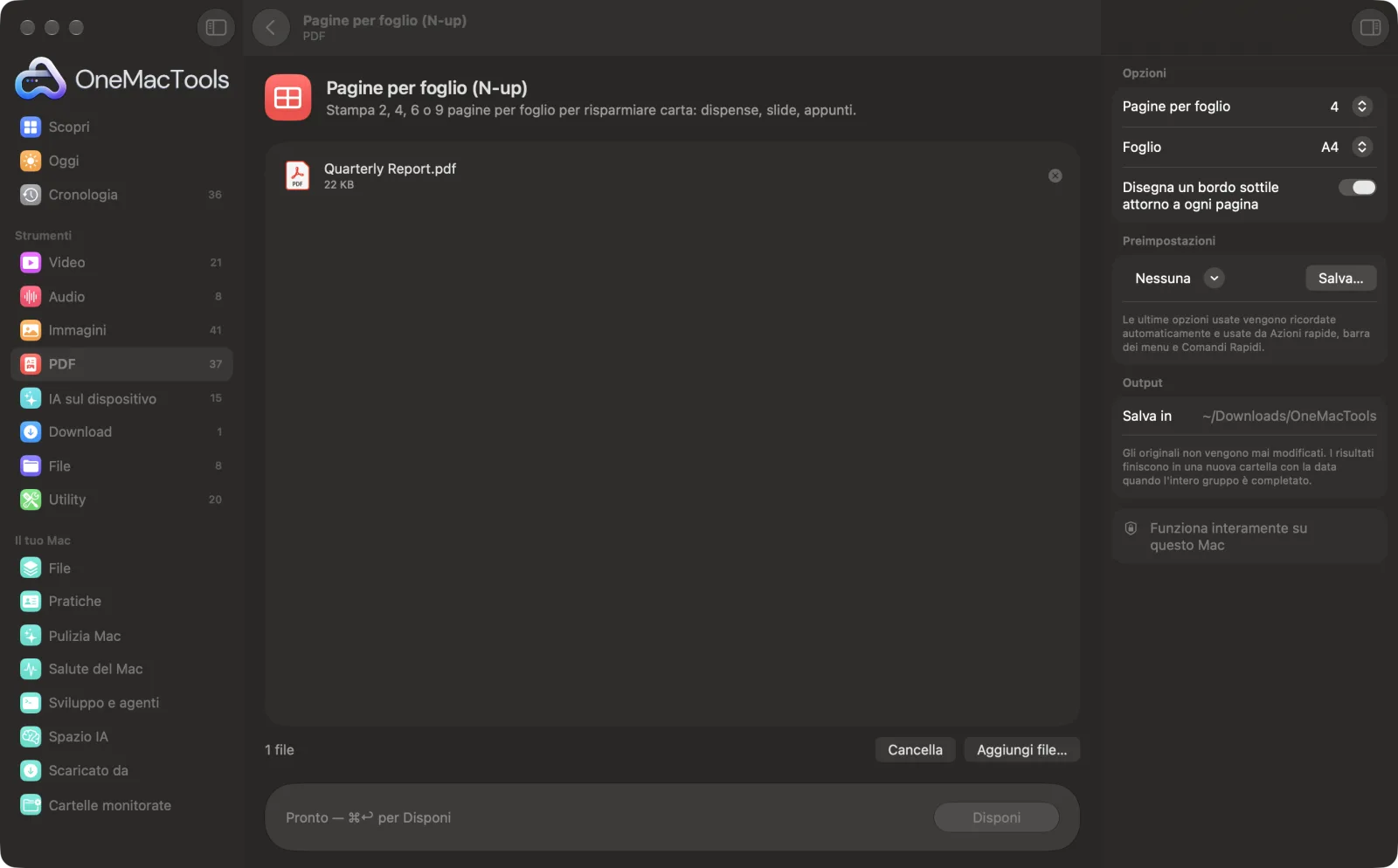Pagine per foglio in OneMacTools su un Mac, con file di esempio e le sue opzioni