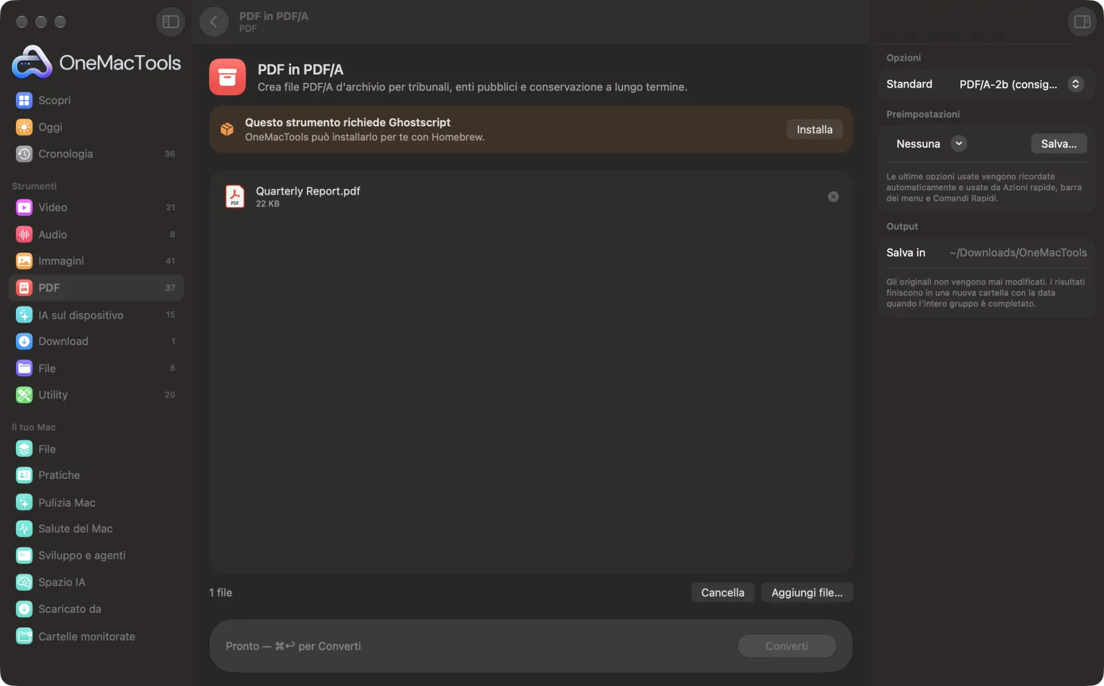 PDF in PDF/A in OneMacTools su un Mac, con file di esempio e le sue opzioni