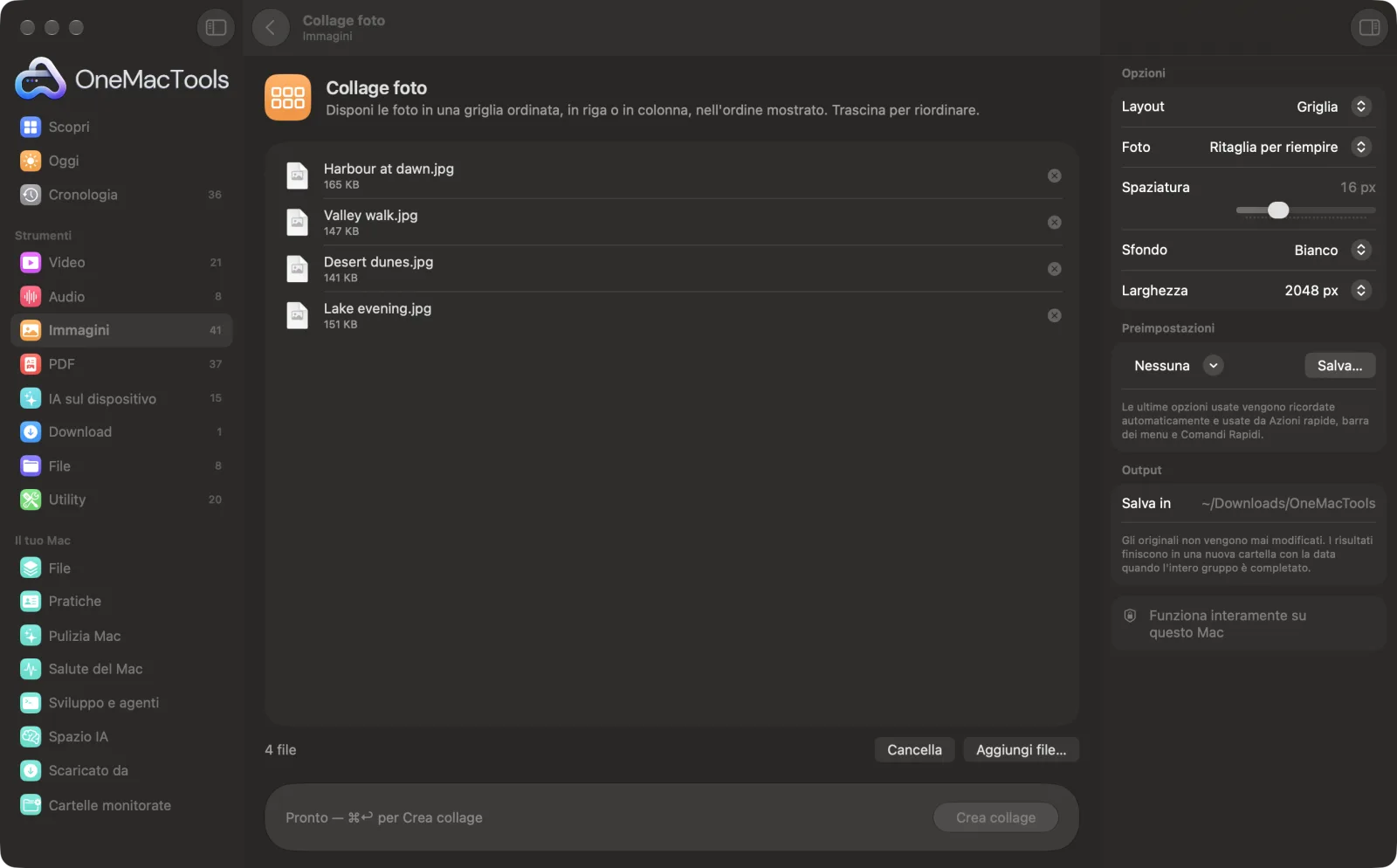 Collage foto in OneMacTools su un Mac, con file di esempio e le sue opzioni