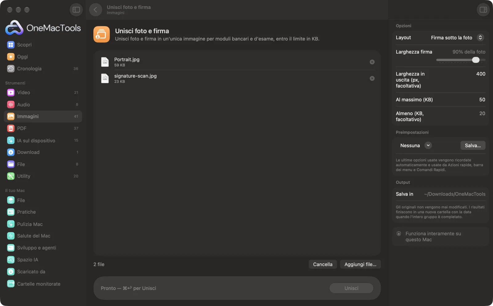 Unisci foto e firma in OneMacTools su un Mac, con file di esempio e le sue opzioni