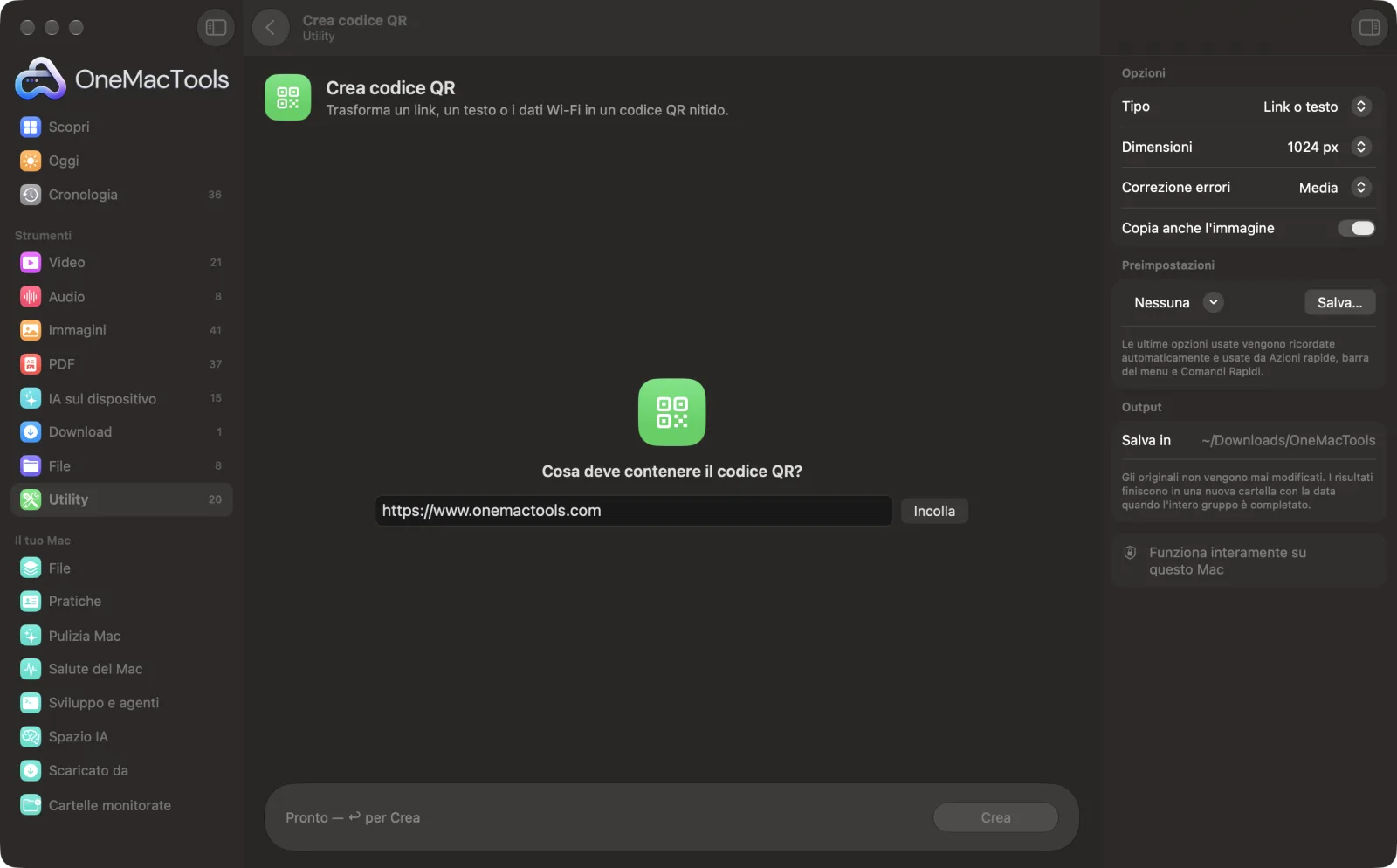 Crea codice QR in OneMacTools con file di esempio caricati e il pannello delle opzioni aperto