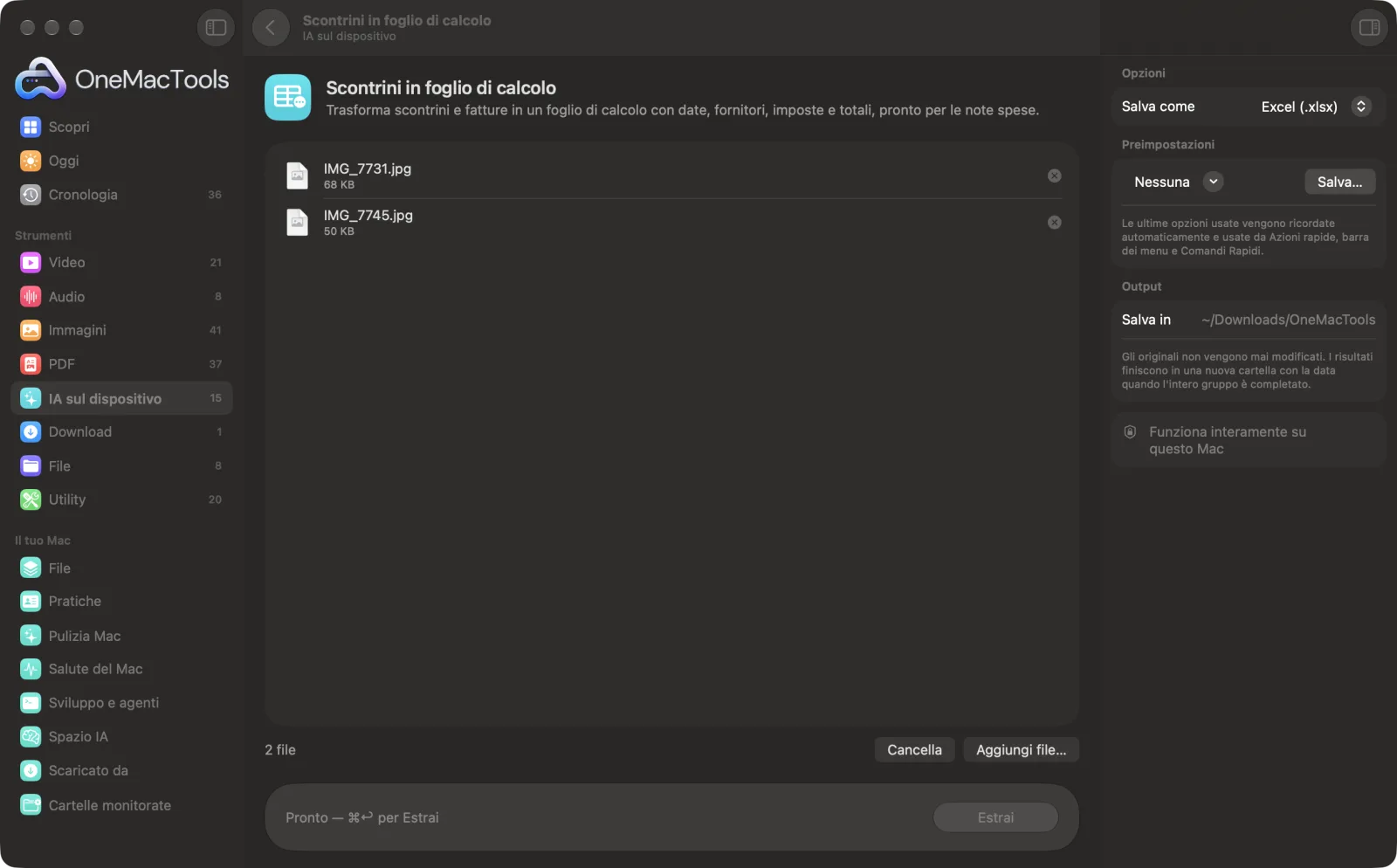 Scontrini in foglio di calcolo in OneMacTools con file di esempio caricati e il pannello delle opzioni aperto