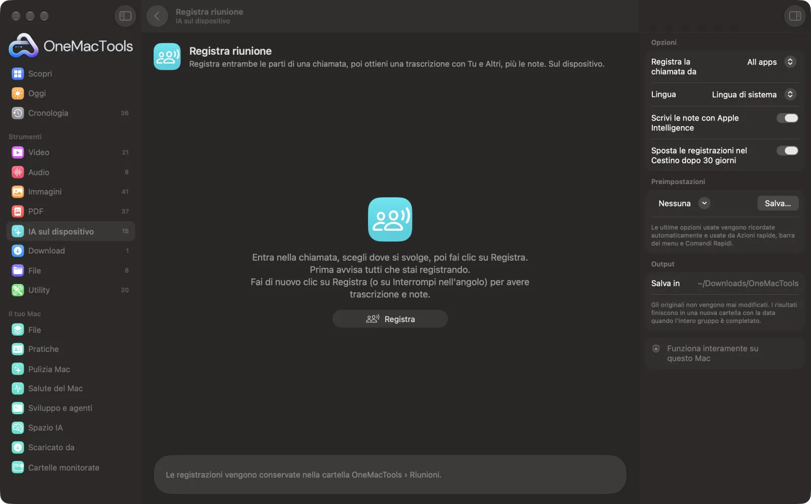 Registra riunione in OneMacTools su un Mac, con file di esempio e le sue opzioni