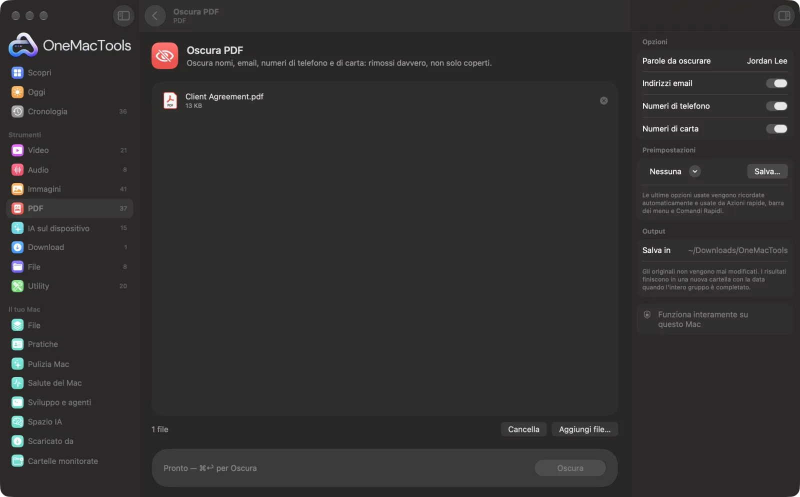 Oscura PDF in OneMacTools con file di esempio caricati e il pannello delle opzioni aperto