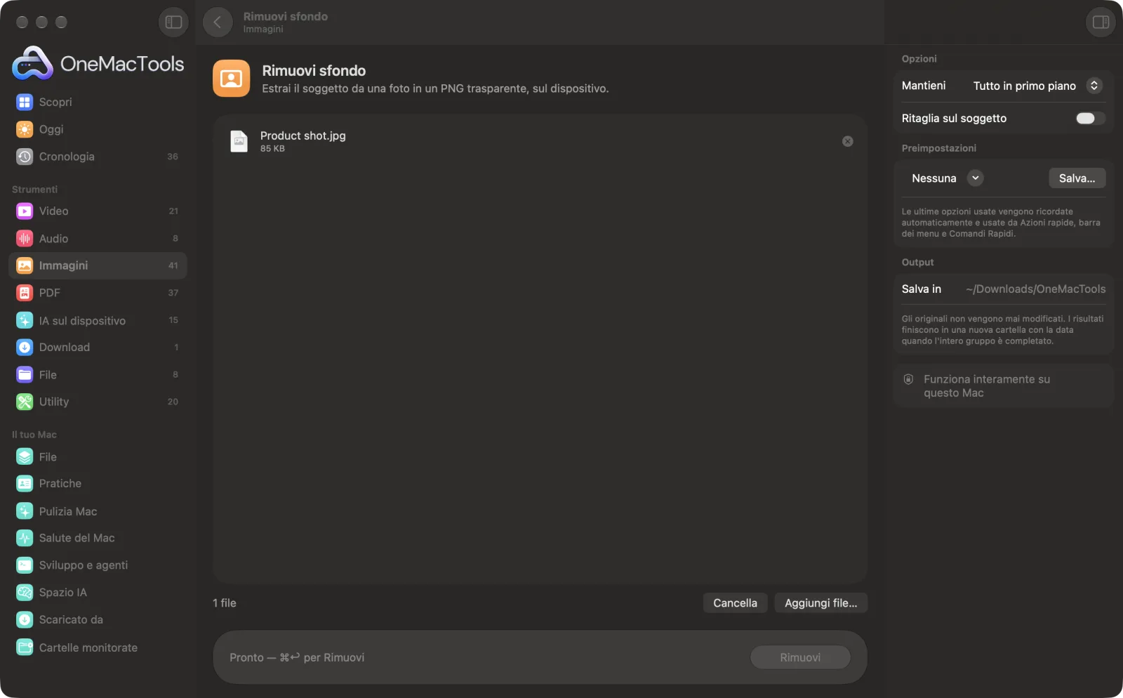 Rimuovi sfondo in OneMacTools con file di esempio caricati e il pannello delle opzioni aperto