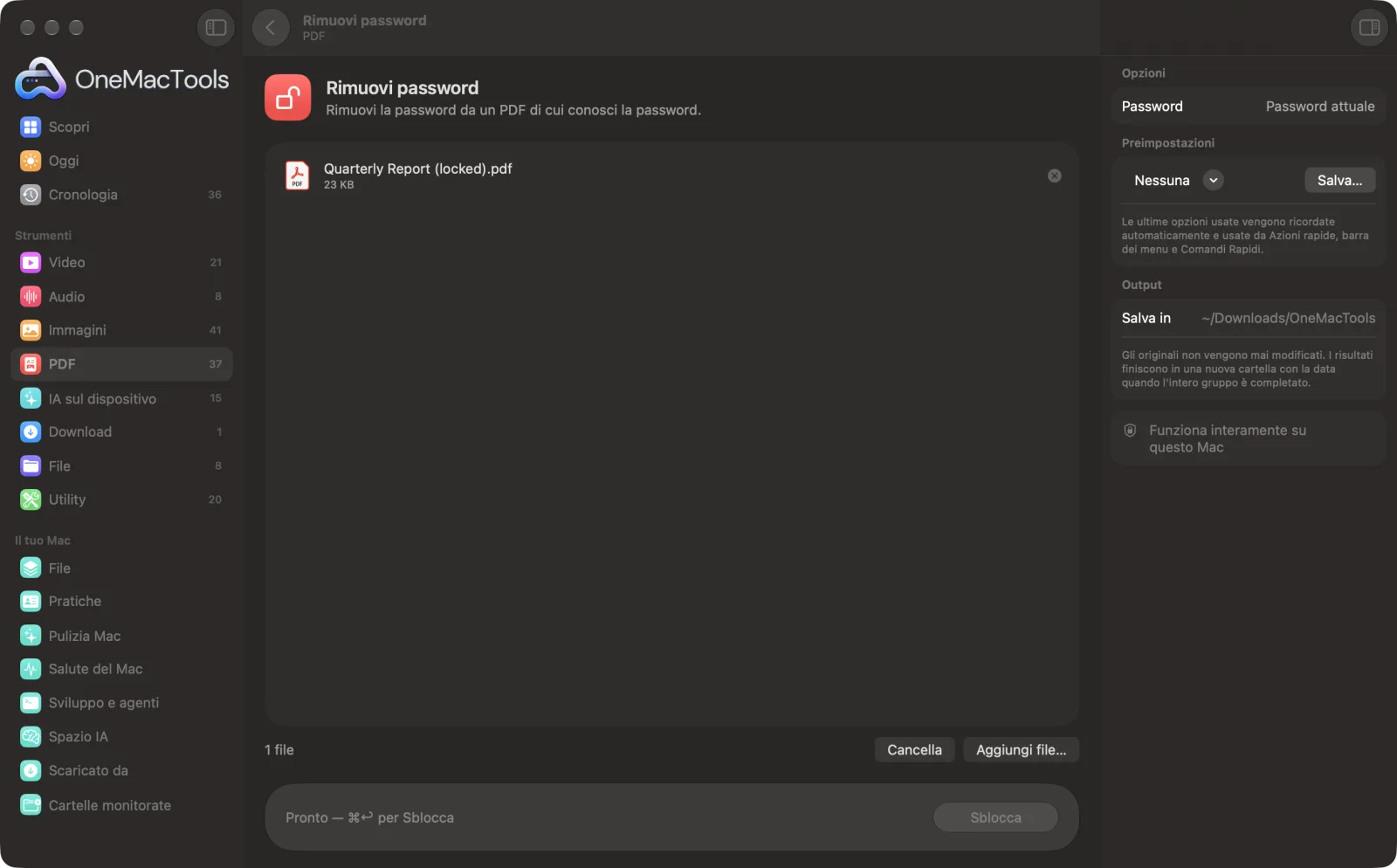 Rimuovi password in OneMacTools su un Mac, con file di esempio e le sue opzioni