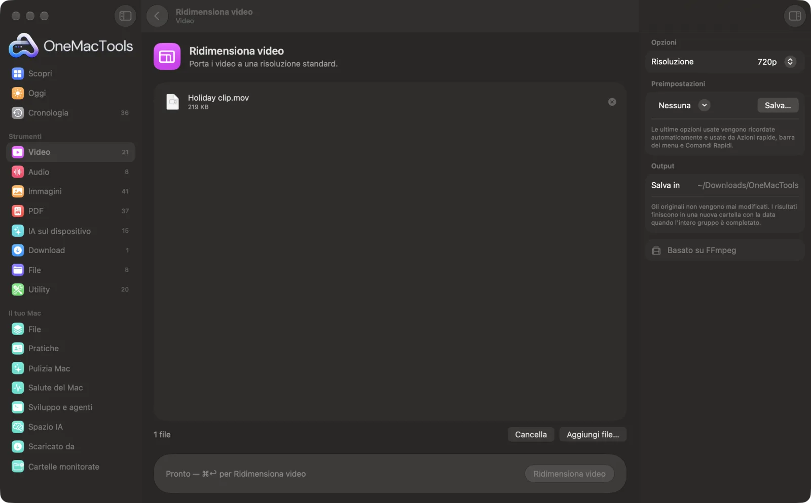 Ridimensiona video in OneMacTools su un Mac, con file di esempio e le sue opzioni