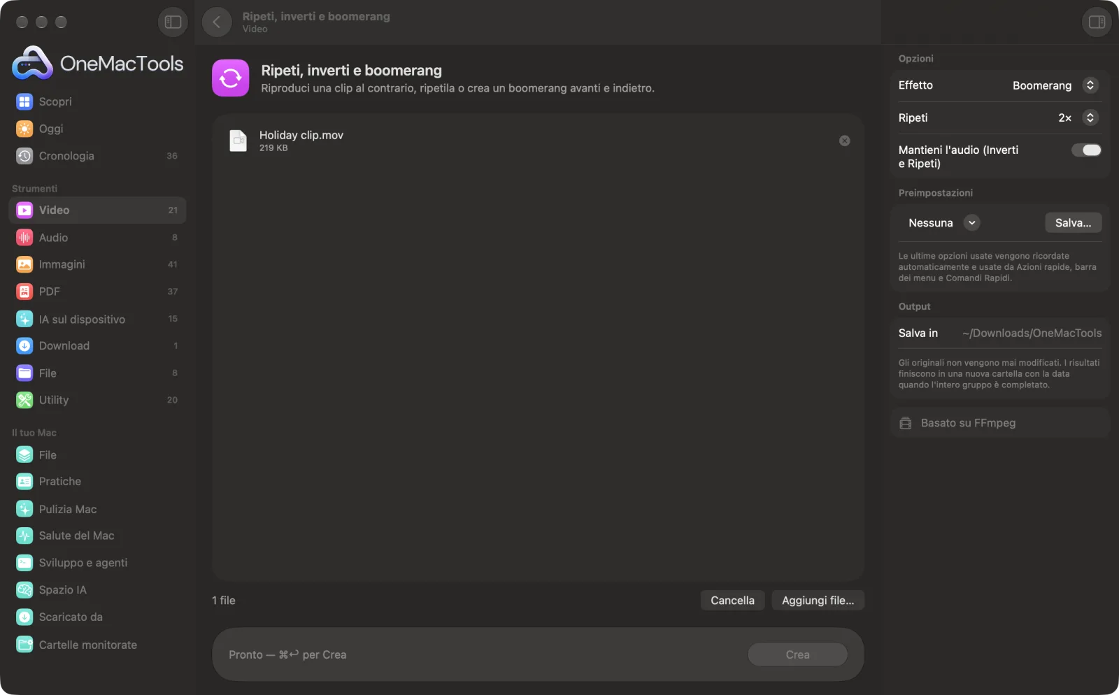 Ripeti, inverti e boomerang in OneMacTools su un Mac, con file di esempio e le sue opzioni