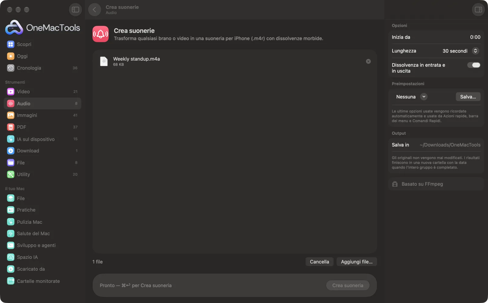 Crea suonerie in OneMacTools su un Mac, con file di esempio e le sue opzioni