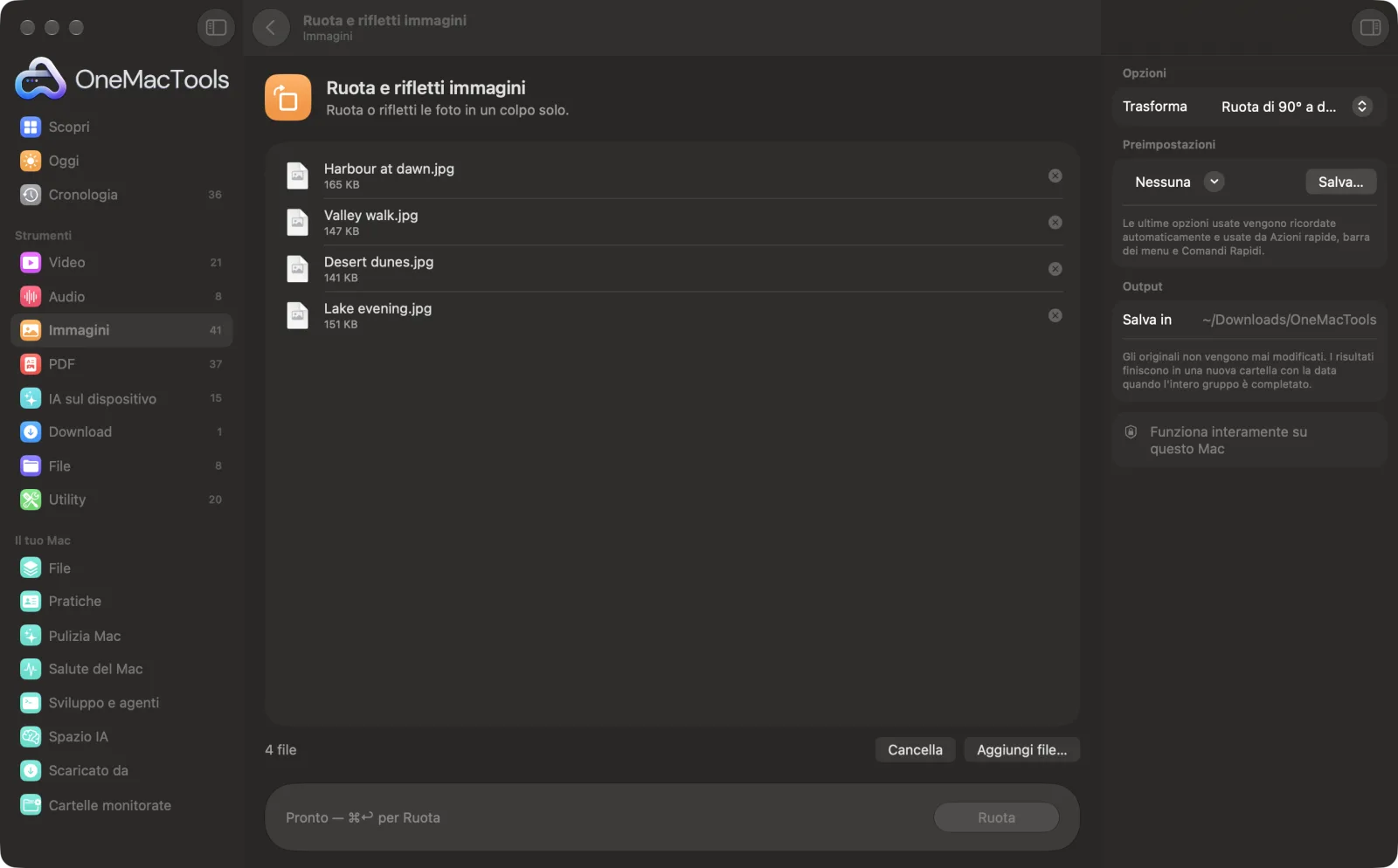 Ruota e rifletti immagini in OneMacTools su un Mac, con file di esempio e le sue opzioni