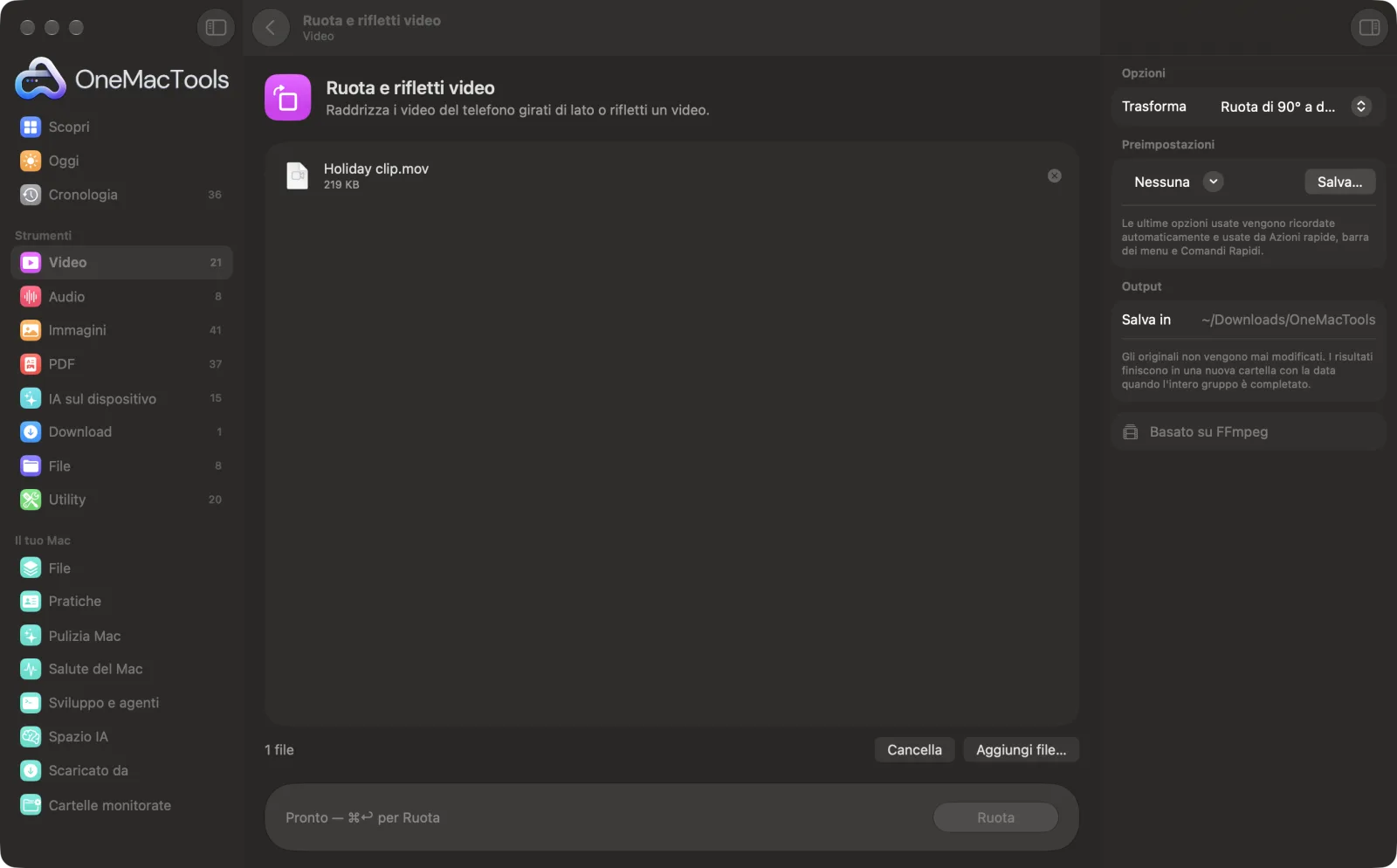 Ruota e rifletti video in OneMacTools su un Mac, con file di esempio e le sue opzioni