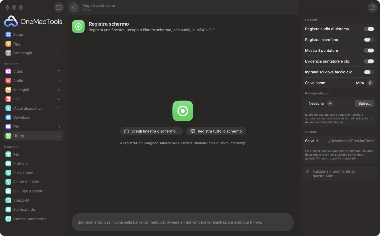 Registra schermo in OneMacTools con file di esempio caricati e il pannello delle opzioni aperto
