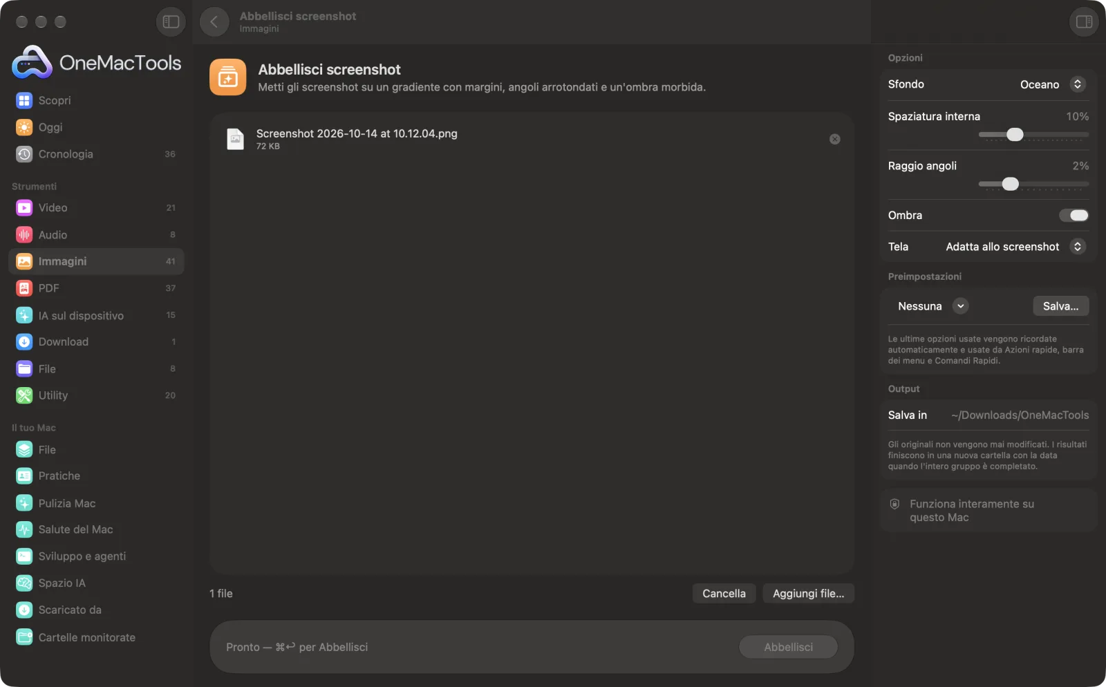 Abbellisci screenshot in OneMacTools su un Mac, con file di esempio e le sue opzioni