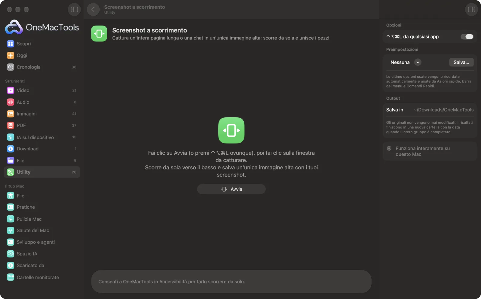 Screenshot a scorrimento in OneMacTools su un Mac, con file di esempio e le sue opzioni