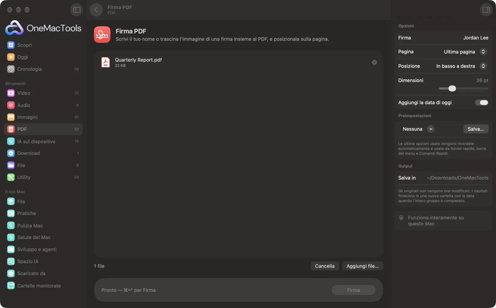 Firma PDF in OneMacTools su un Mac, con file di esempio e le sue opzioni