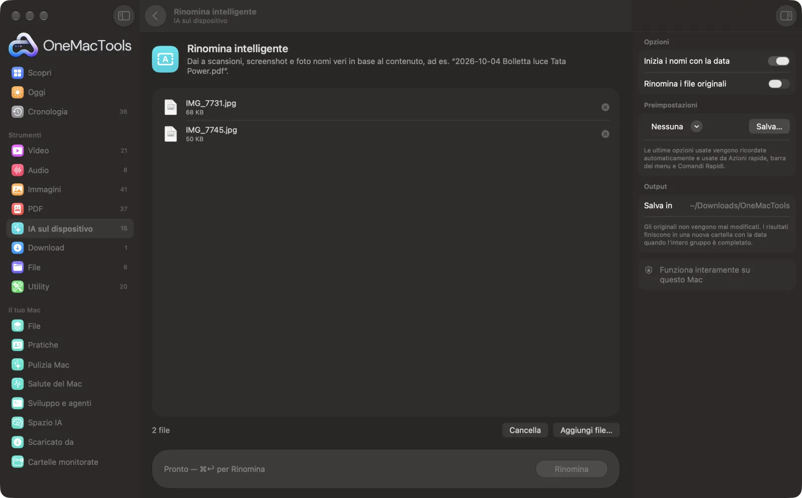Rinomina intelligente in OneMacTools su un Mac, con file di esempio e le sue opzioni