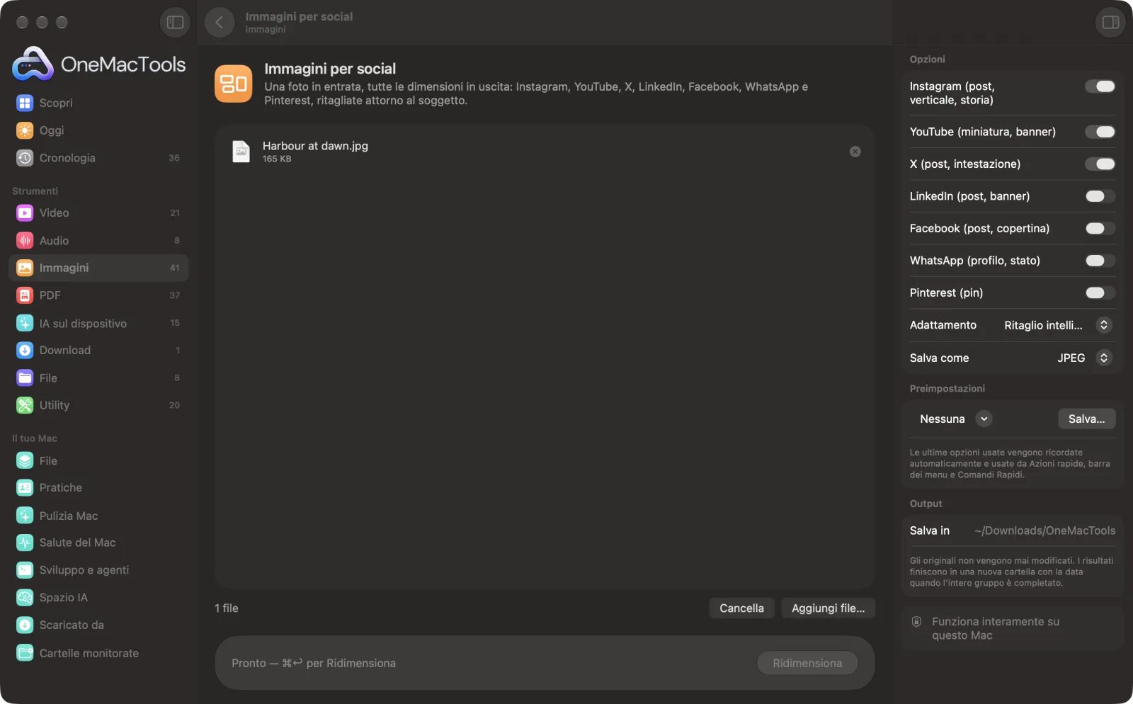 Immagini per social in OneMacTools su un Mac, con file di esempio e le sue opzioni