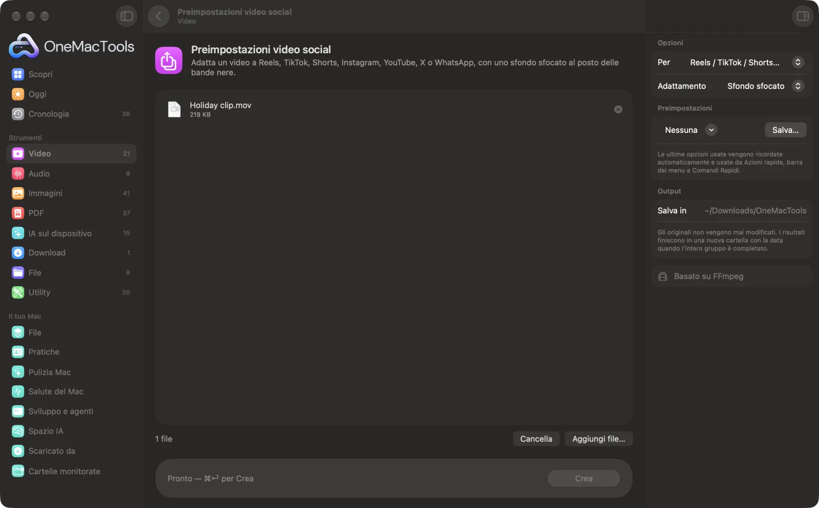 Preimpostazioni video social in OneMacTools con file di esempio caricati e il pannello delle opzioni aperto