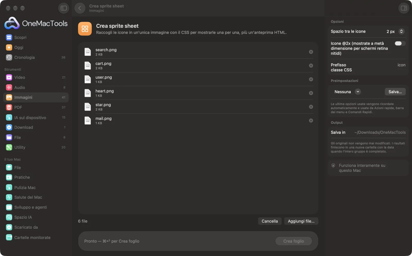 Crea sprite sheet in OneMacTools su un Mac, con file di esempio e le sue opzioni