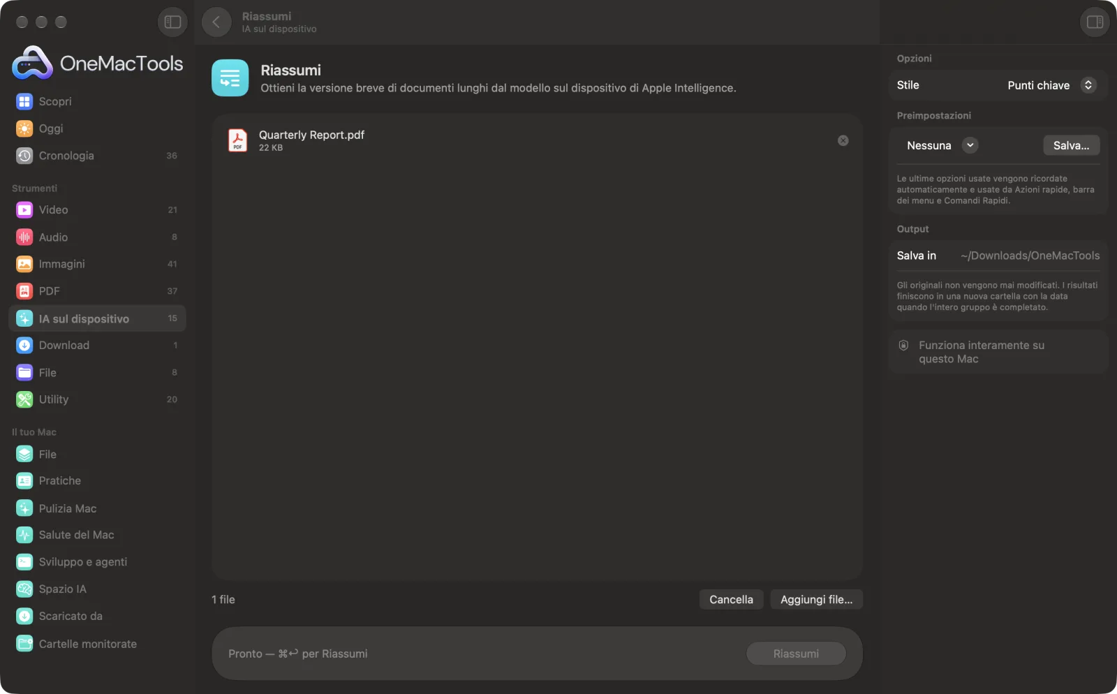 Riassumi in OneMacTools su un Mac, con file di esempio e le sue opzioni