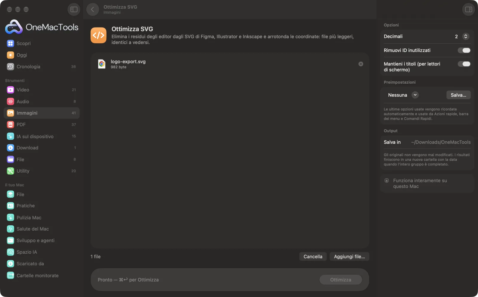 Ottimizza SVG in OneMacTools su un Mac, con file di esempio e le sue opzioni