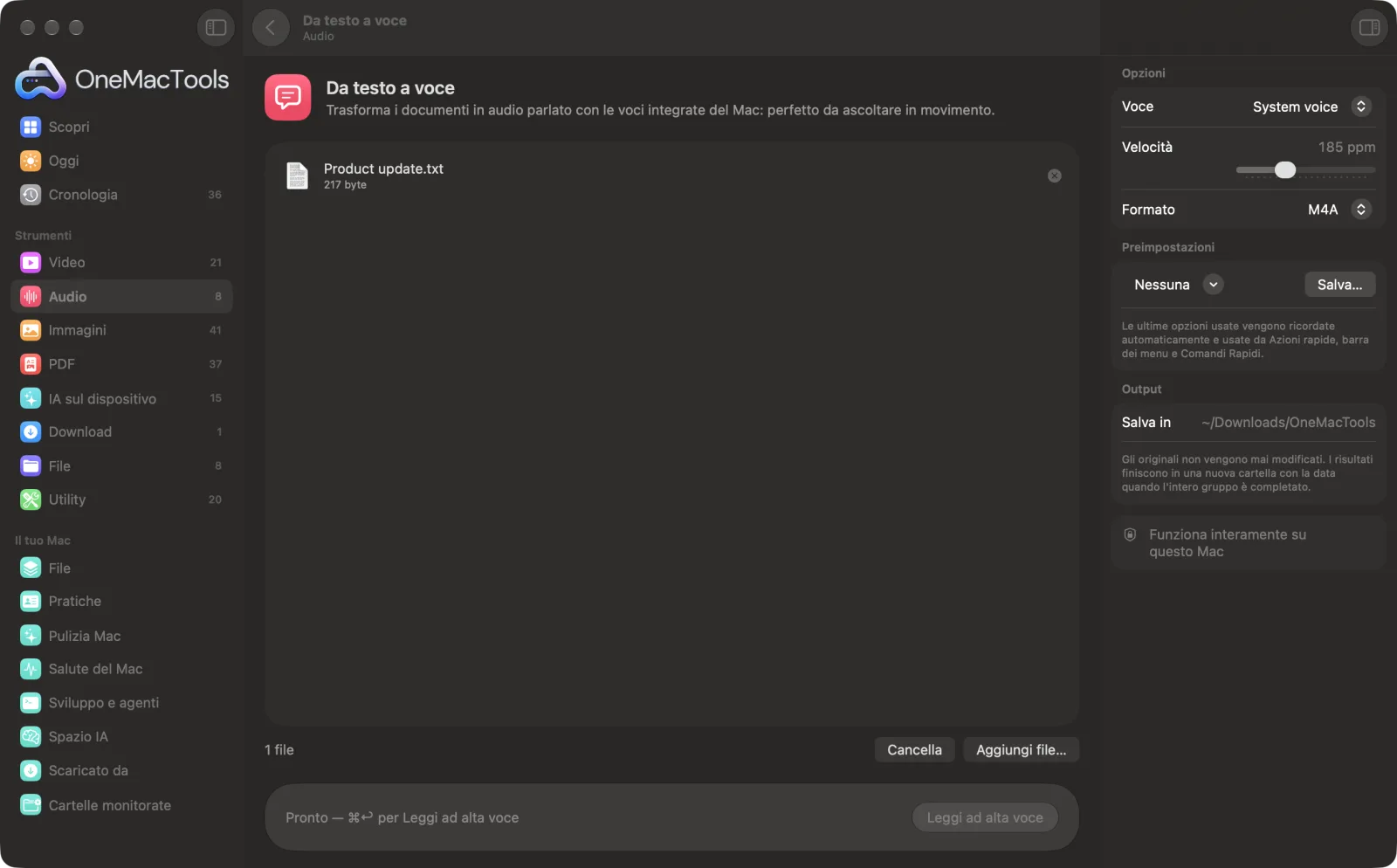 Da testo a voce in OneMacTools su un Mac, con file di esempio e le sue opzioni