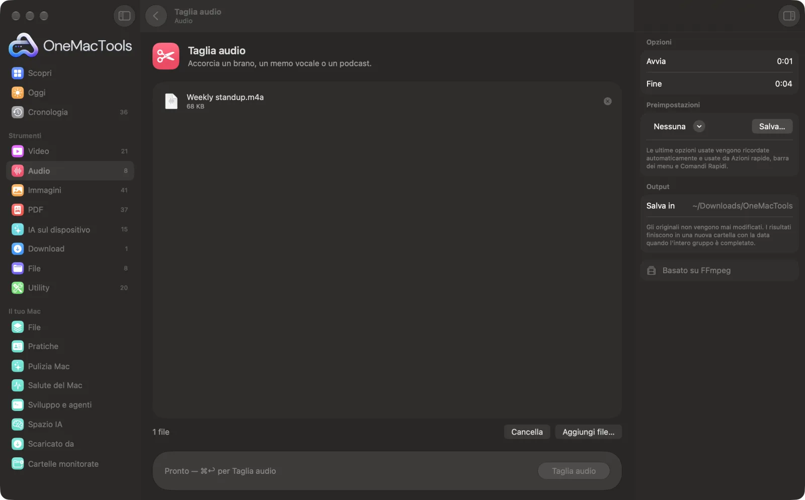 Taglia audio in OneMacTools su un Mac, con file di esempio e le sue opzioni