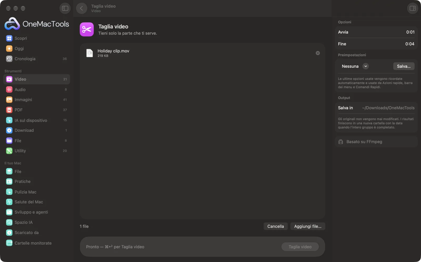 Taglia video in OneMacTools su un Mac, con file di esempio e le sue opzioni