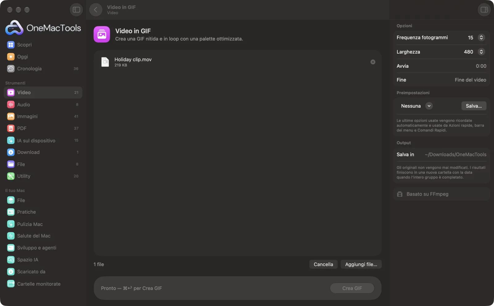 Video in GIF in OneMacTools su un Mac, con file di esempio e le sue opzioni