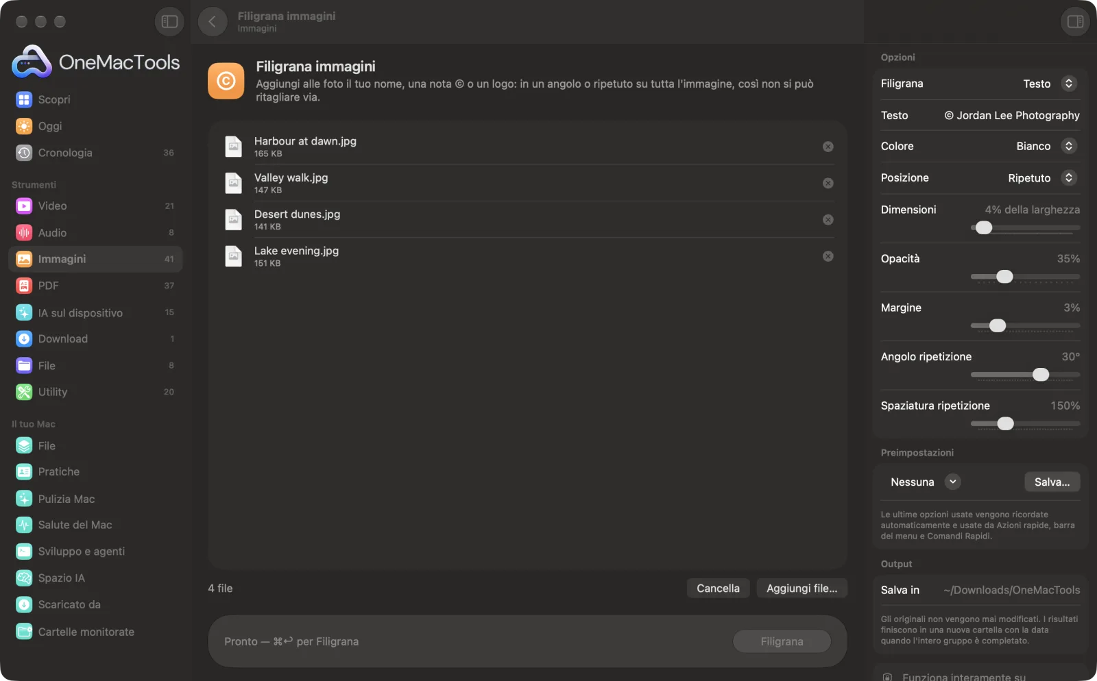 Filigrana immagini in OneMacTools su un Mac, con file di esempio e le sue opzioni
