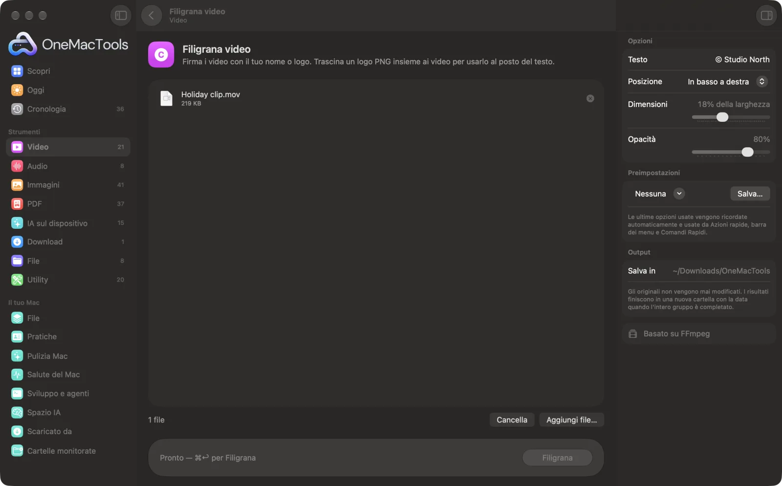 Filigrana video in OneMacTools su un Mac, con file di esempio e le sue opzioni